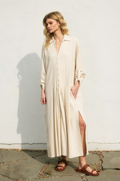 Pleated Longline Shirt Dress - Ivory