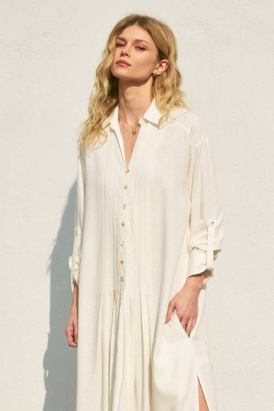 Pleated Longline Shirt Dress - Ivory