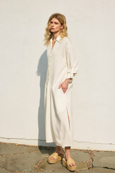 Pleated Longline Shirt Dress - Ivory
