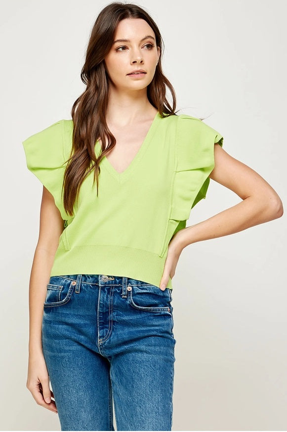 Pleated Short Sleeve Knit Top - Lime