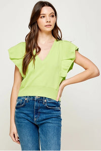 Pleated Short Sleeve Knit Top - Lime