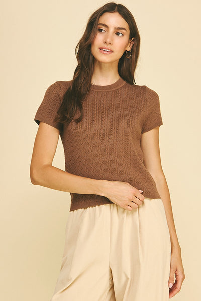 Pointelle Cable Knit Sweater - Brown