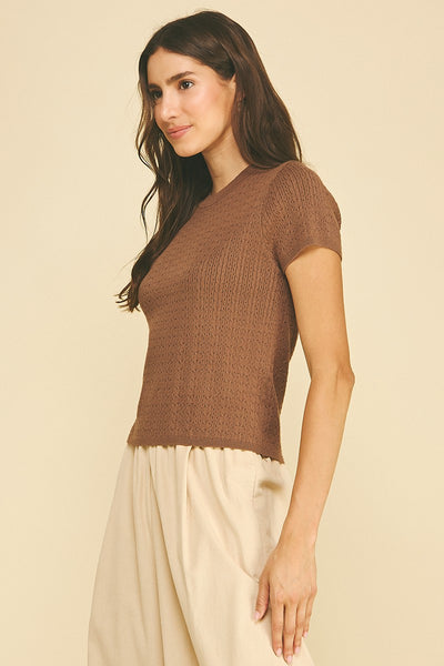 Pointelle Cable Knit Sweater - Brown