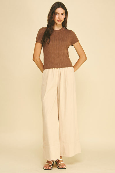 Pointelle Cable Knit Sweater - Brown
