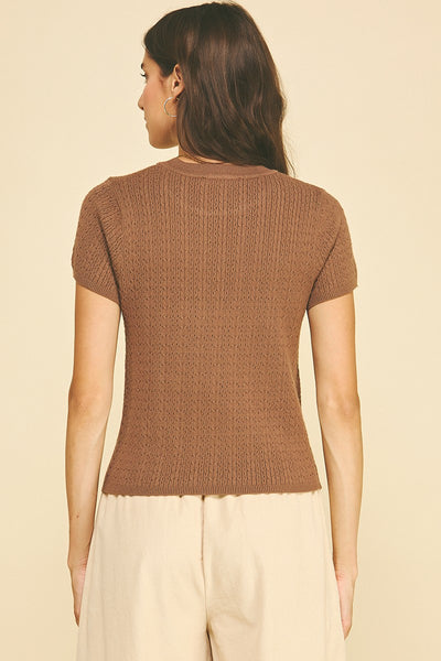 Pointelle Cable Knit Sweater - Brown