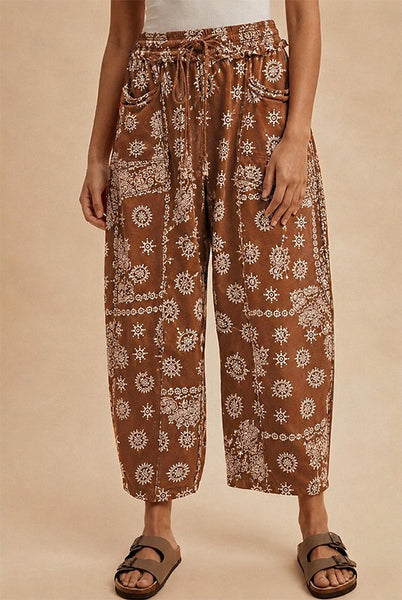 Printed Barrel Fit Pants - Brown