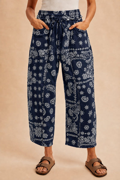 Printed Barrel Fit Pants - Navy