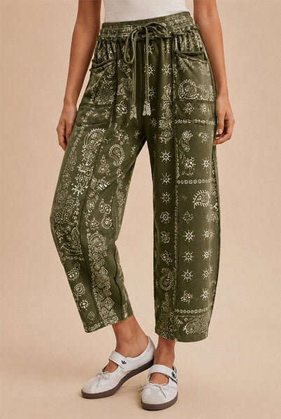 Printed Barrel Fit Pants - Olive