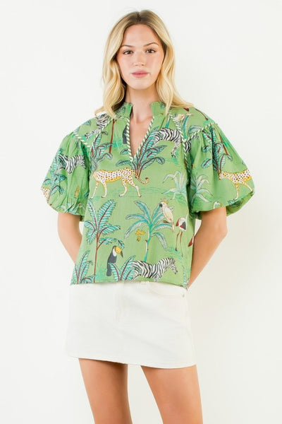 Puff Sleeve Animal Print Top - Green