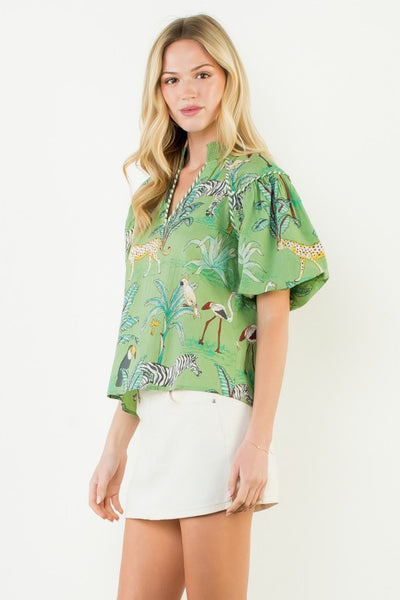 Puff Sleeve Animal Print Top - Green