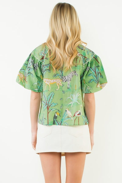 Puff Sleeve Animal Print Top - Green
