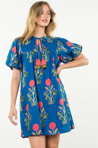 Puff Sleeve Tassel Dress - Blue