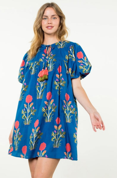 Puff Sleeve Tassel Dress - Blue