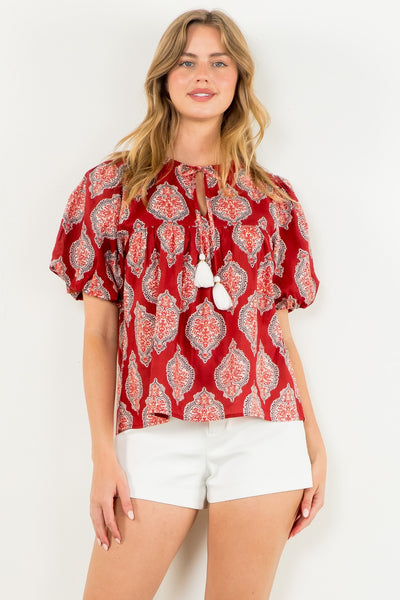 Puff Sleeve Tassel Tie Top - Red