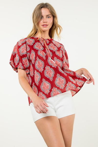 Puff Sleeve Tassel Tie Top - Red