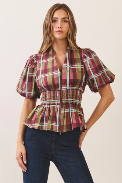 Puff Slv Smock Waist Top - Plaid