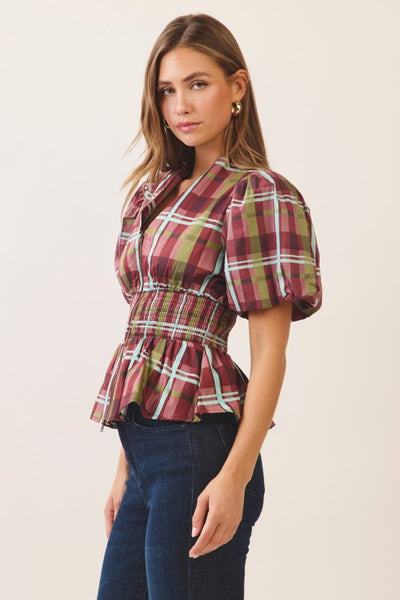 Puff Slv Smock Waist Top - Plaid