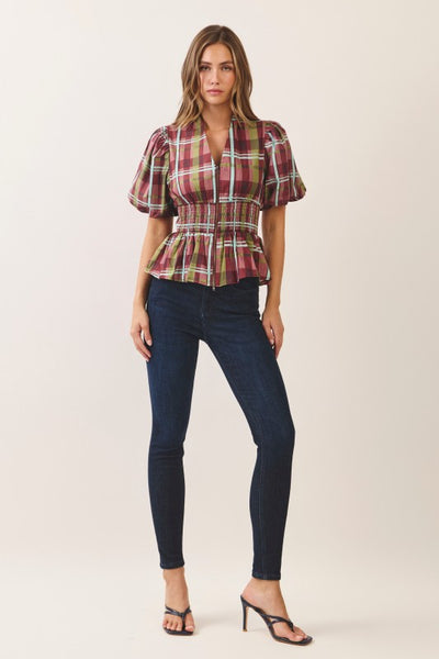 Puff Slv Smock Waist Top - Plaid
