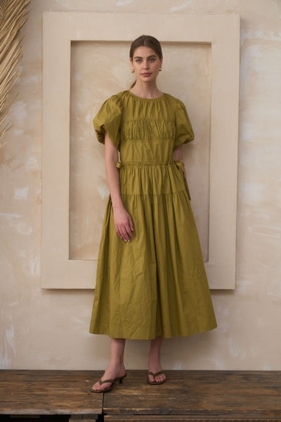 Puff Slv Tie Side Midi Dress - Yellow