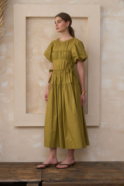 Puff Slv Tie Side Midi Dress - Yellow