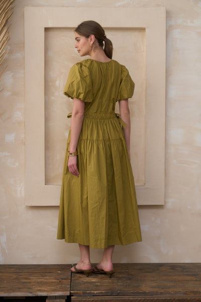 Puff Slv Tie Side Midi Dress - Yellow