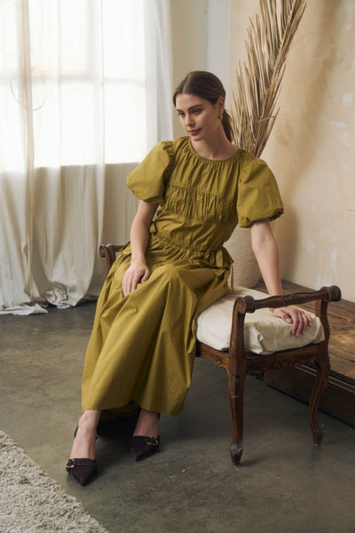Puff Slv Tie Side Midi Dress - Yellow
