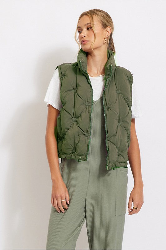 Quilted Crop Puffer Vest - Olive