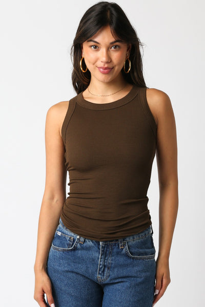 Ribbed Fitted Scoop Neck Tank - Coffee