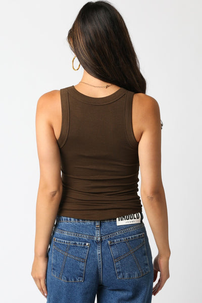 Ribbed Fitted Scoop Neck Tank - Coffee