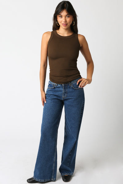 Ribbed Fitted Scoop Neck Tank - Coffee