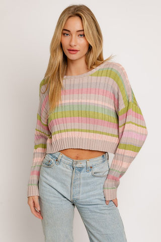 Ribbed Striped Crop Sweater - Multi