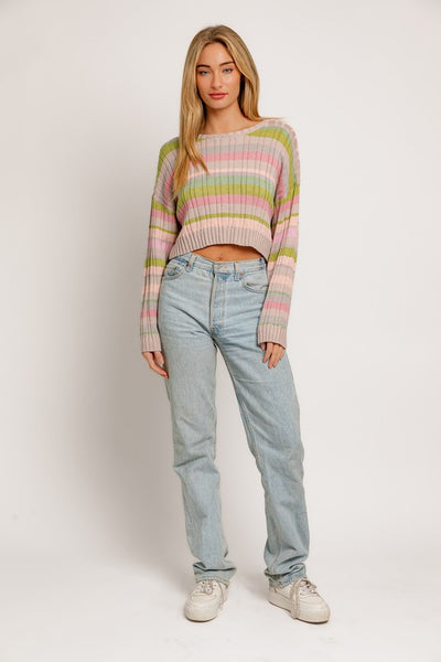 Ribbed Striped Crop Sweater - Multi