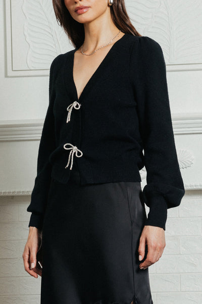 Ribbon Trim Puff Sleeve Cardi - Black