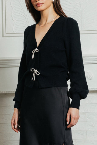 Ribbon Trim Puff Sleeve Cardi - Black