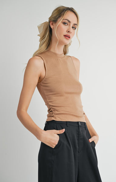 Ronan Mock Neck Ruched Tank - Taupe