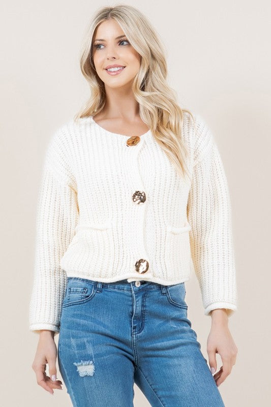 Round Neck Button Up Cardi - Beige