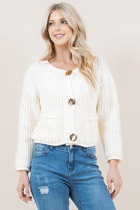 Round Neck Button Up Cardi - Beige