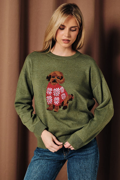 Round Neck Poodle Sweater - Olive