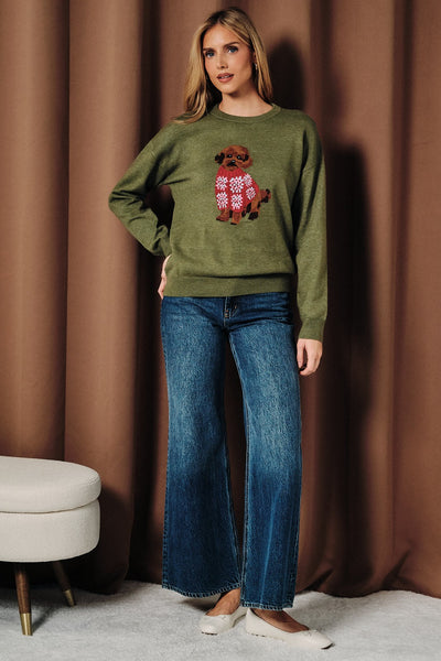 Round Neck Poodle Sweater - Olive