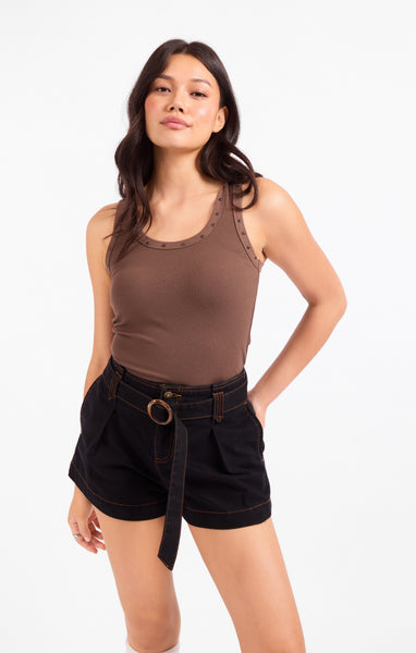 Ruby Studded Knit Tank - Brown