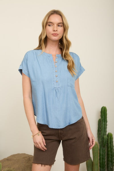 Ruched Shoulder Henley Ss Top - Denim