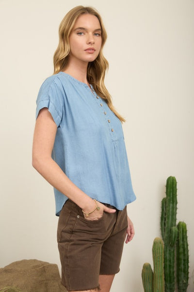 Ruched Shoulder Henley Ss Top - Denim