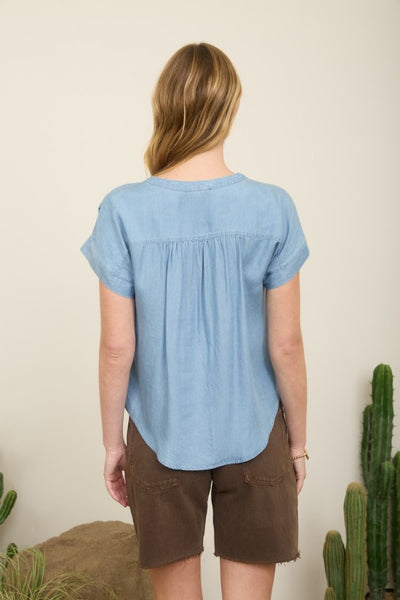Ruched Shoulder Henley Ss Top - Denim