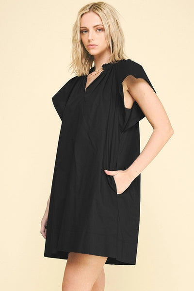Ruffle Detail Tunic Mini Dress - Black