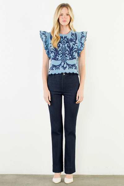 Ruffled Slv Emb Top - Blue