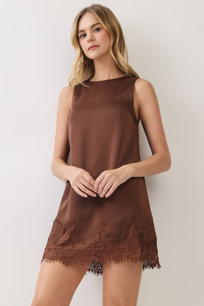 Satin Eyelash Lace Trim Dress - Brown