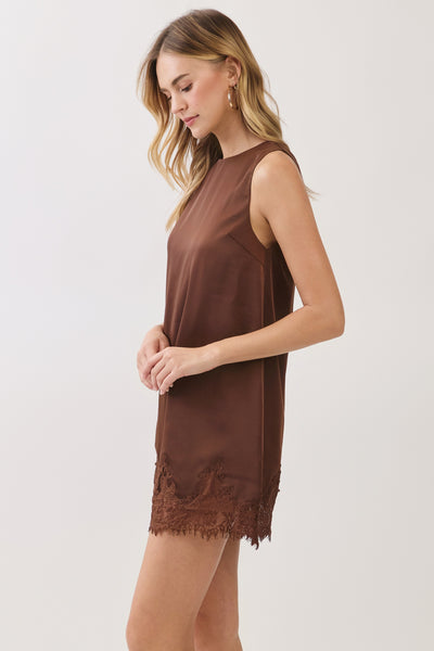 Satin Eyelash Lace Trim Dress - Brown