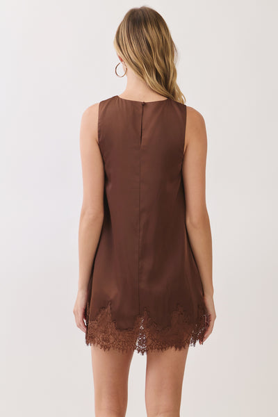 Satin Eyelash Lace Trim Dress - Brown