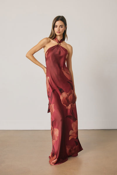 Satin Gold Trim Halter Maxi - Red