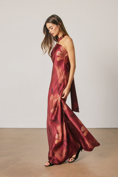 Satin Gold Trim Halter Maxi - Red